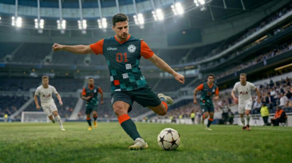 Fooballer wearing UiPath branding about to kick to goal.